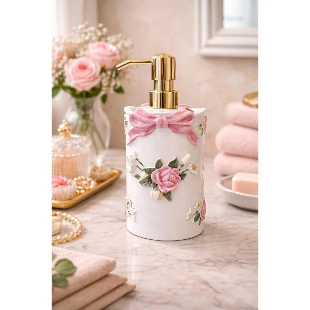 New Girly Victorian Soap Dispenser White & Pink W/ Roses Bathroon Vanity Decor